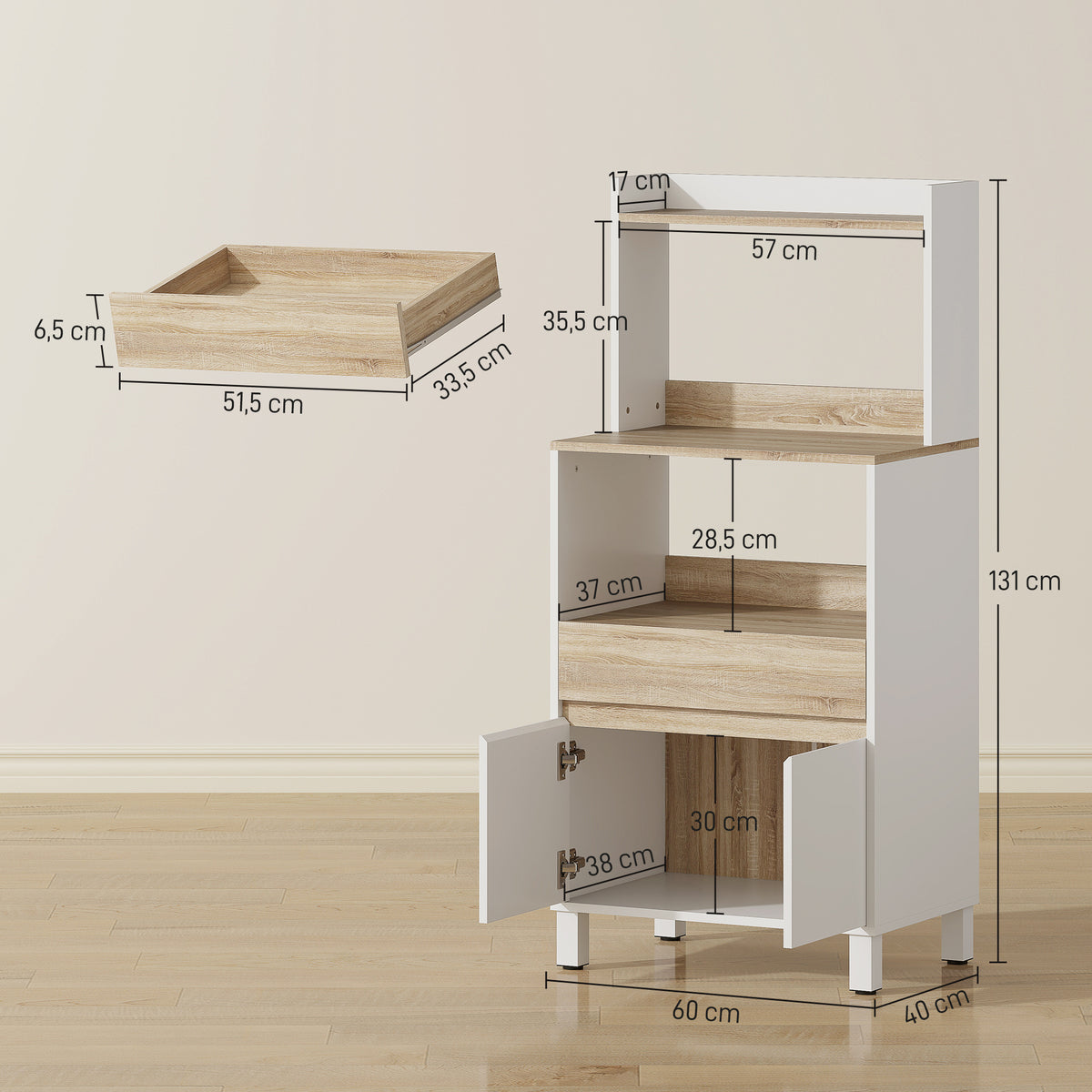 Meuble micro onde, buffet cuisine avec placard tiroir étagère supérieur, 60 x 40 x 131 cm chêne et blanc