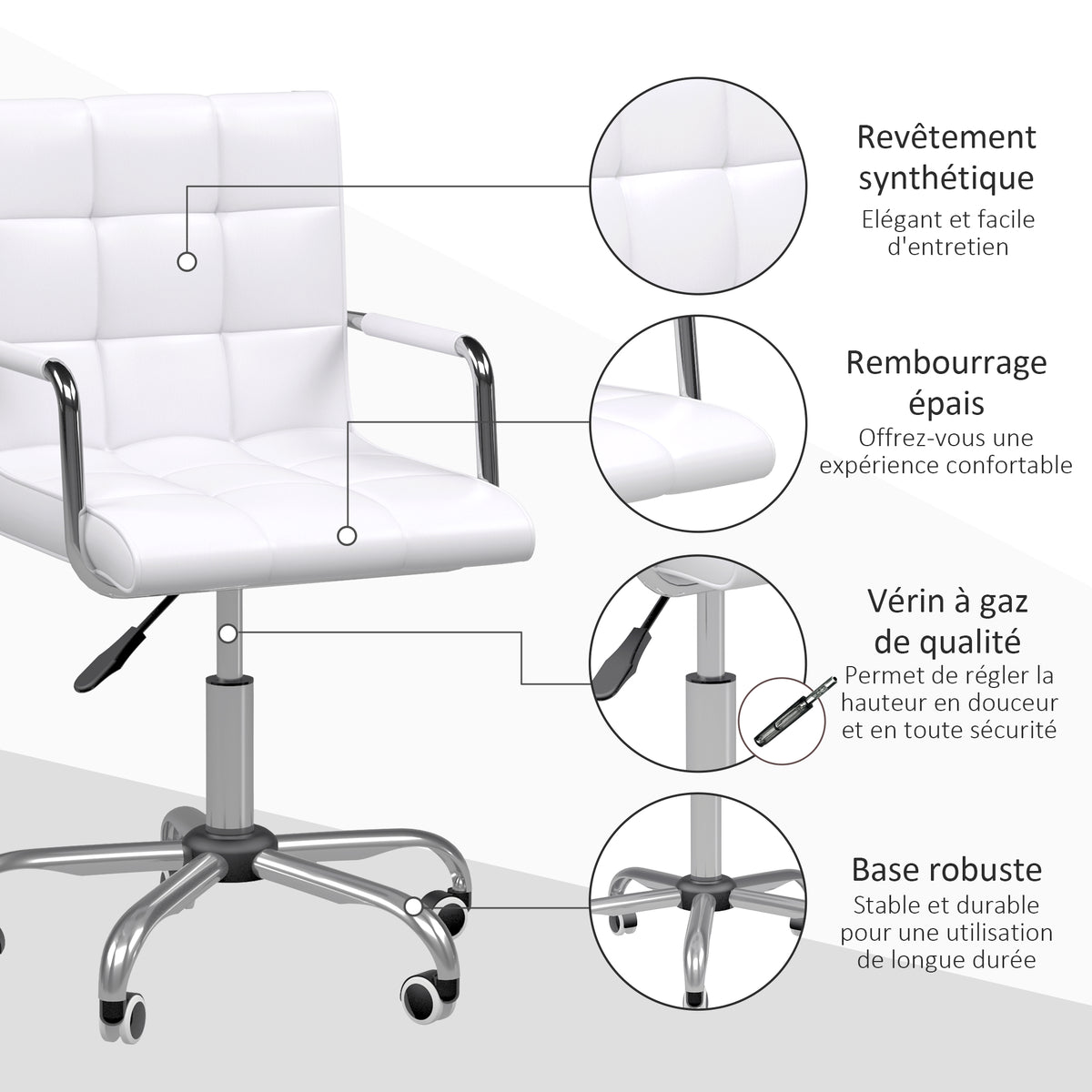 Lot de 2 chaises de bureau fauteuil manager pivotant hauteur réglable revêtement synthétique capitonné blanc