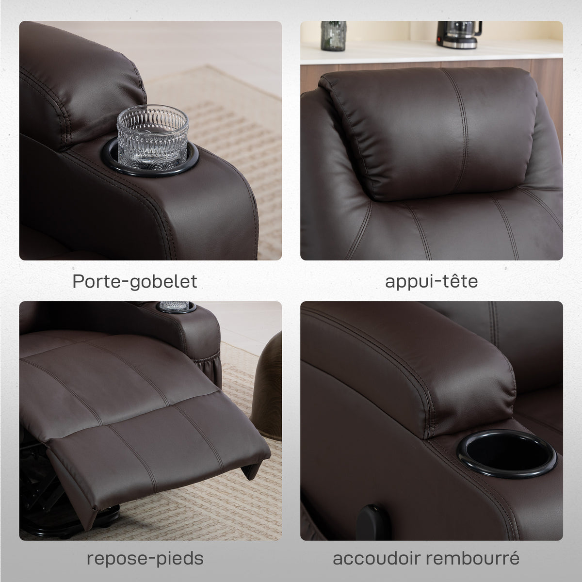 Fauteuil releveur électrique, fauteuil relax électrique, repose-pied, dossier inclinable, port USB, 83x95x107cm, marron