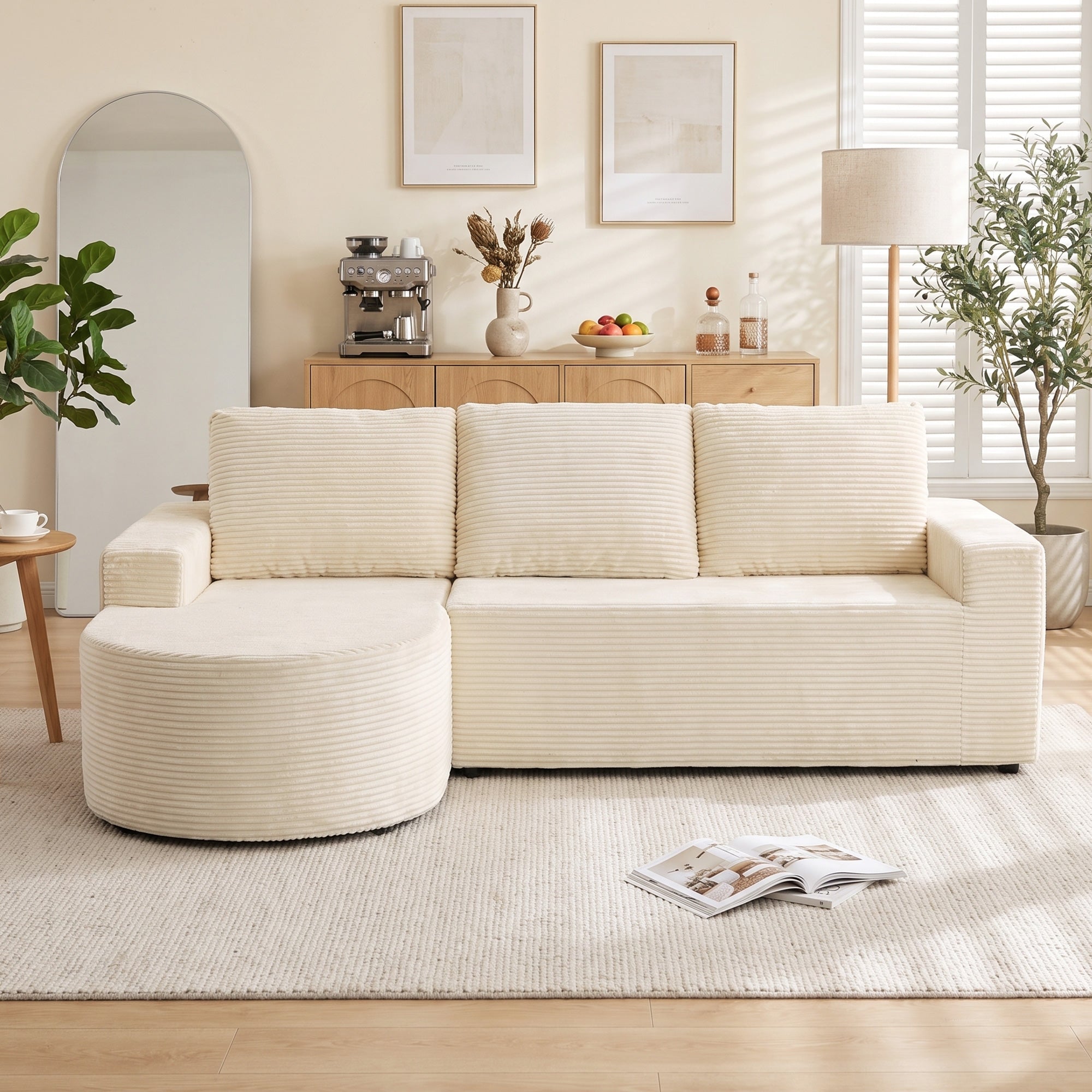 Sofá rinconero de 3 plazas de terciopelo acanalado, sofá en L comprimido de 235 cm, chaise longue curva, asiento profundo, beige