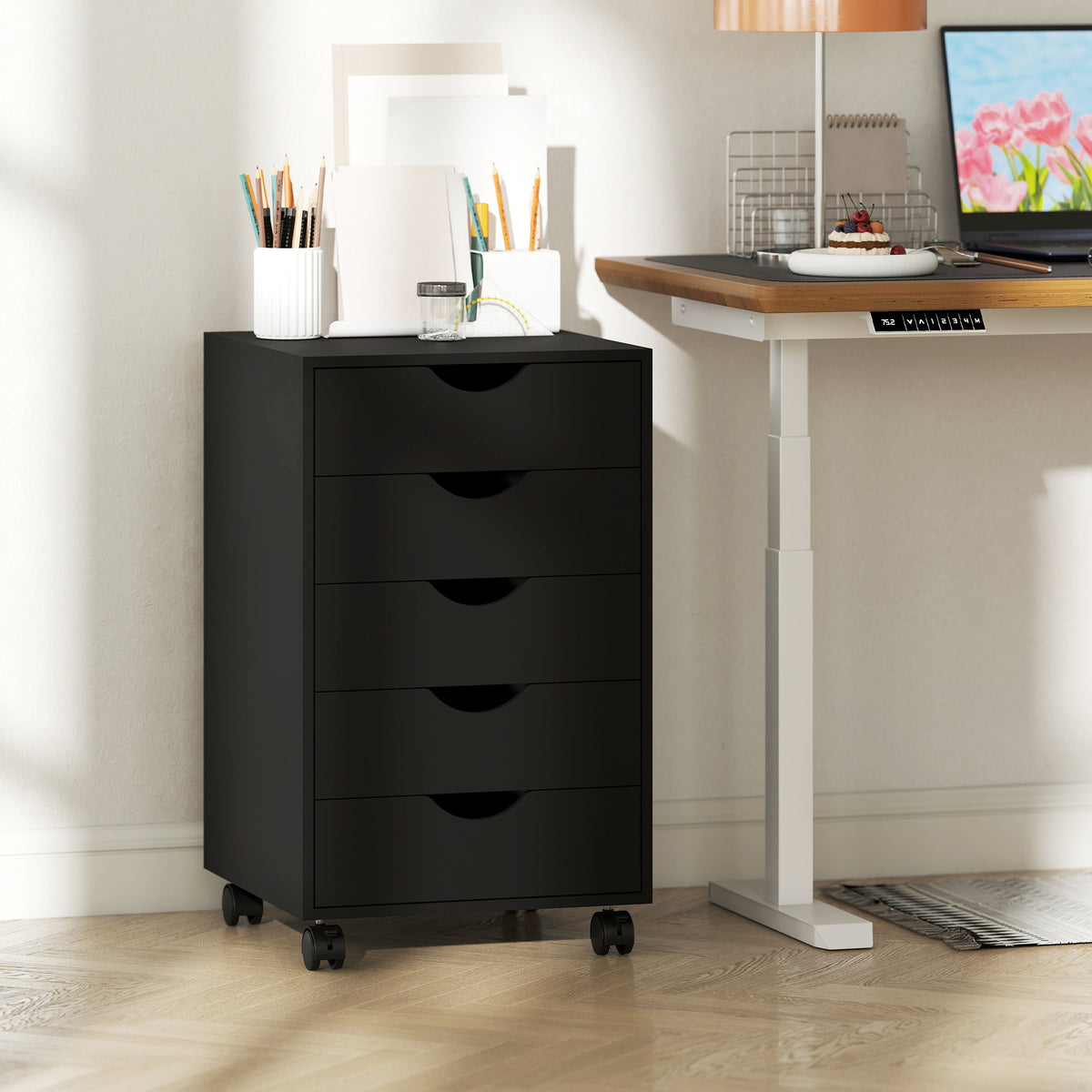 Caisson bureau mobile, meuble rangement bureau sur roulettes, 5 tiroirs, 40 x 40 x 67 cm, noir