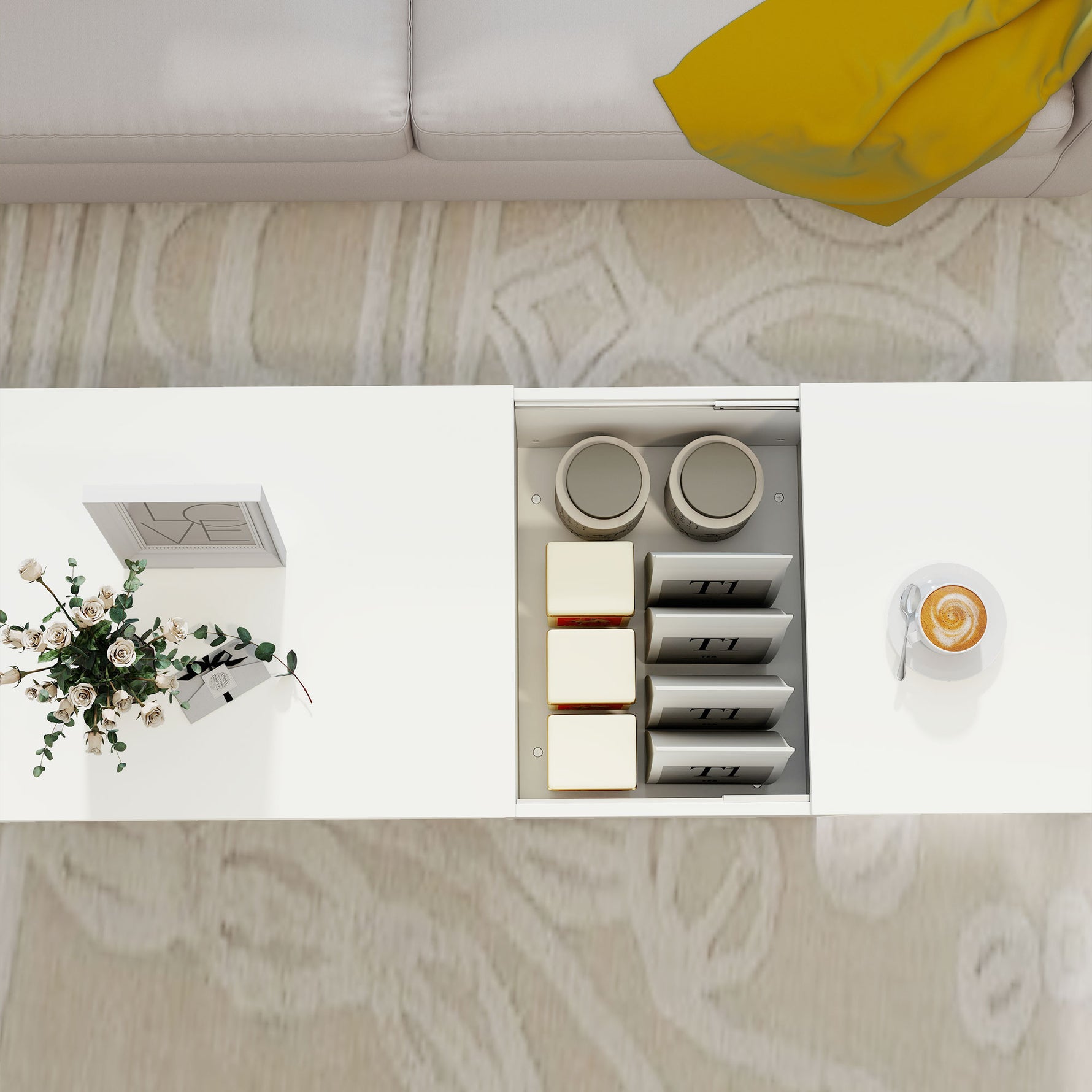 Table basse rectangulaire, table d'appoint plateau coulissant, rangement caché, étagère ouverte, 110 x 52 x 36 cm, blanc