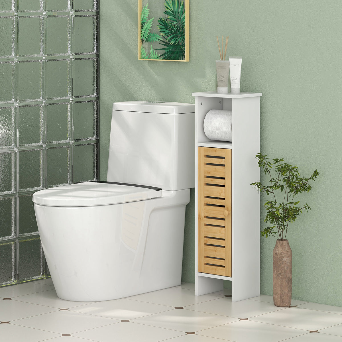 Meuble de salle de bain avec support papier toilette barre amovible 3 Niveaux + Sortie Papier, 78H cm, Bambou blanc