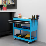 Chariot d'atelier servante atelier à 3 niveaux avec tiroir, porte-outils latéral et poignée, 82x35x76 cm, bleu