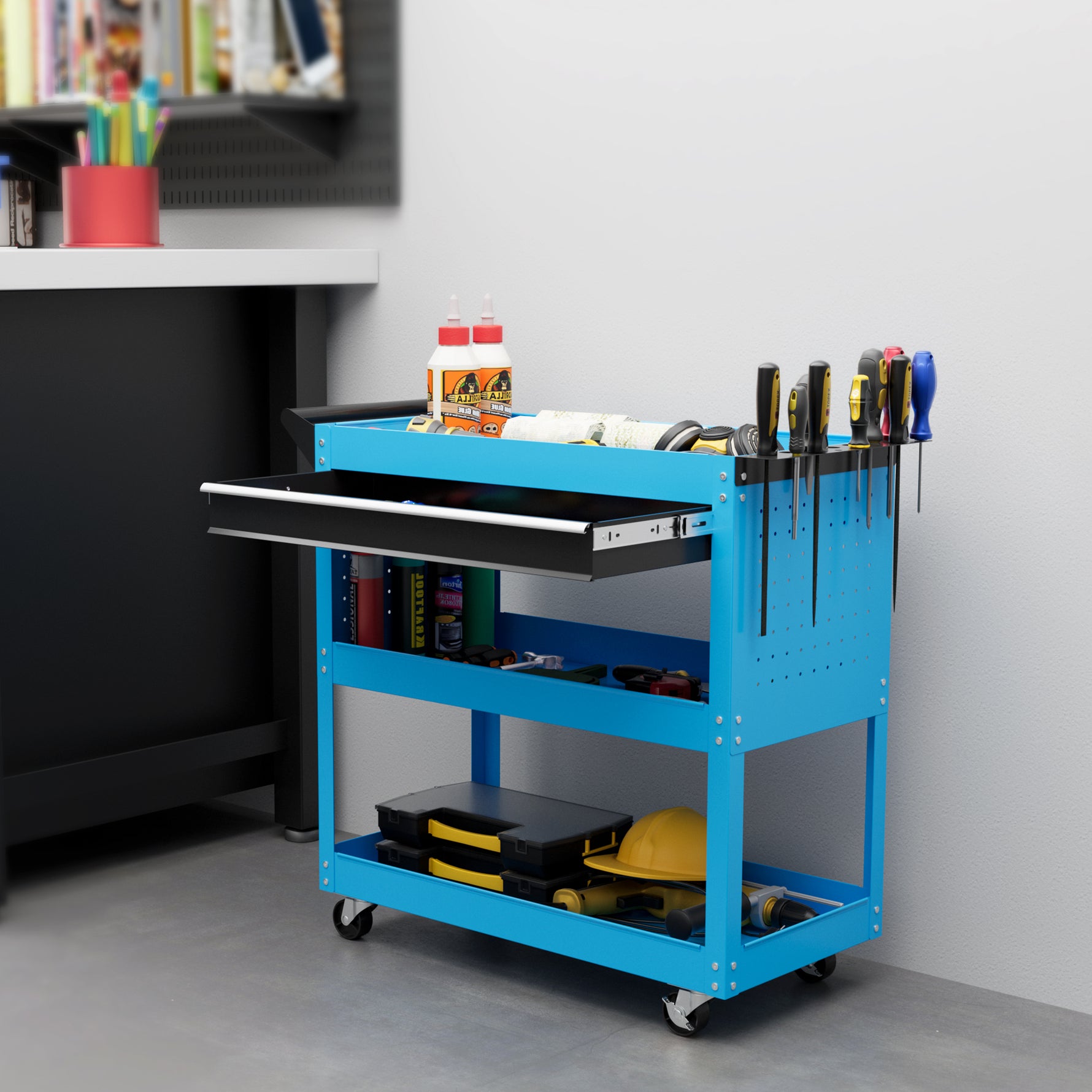 Chariot d'atelier servante atelier à 3 niveaux avec tiroir, porte-outils latéral et poignée, 82x35x76 cm, bleu