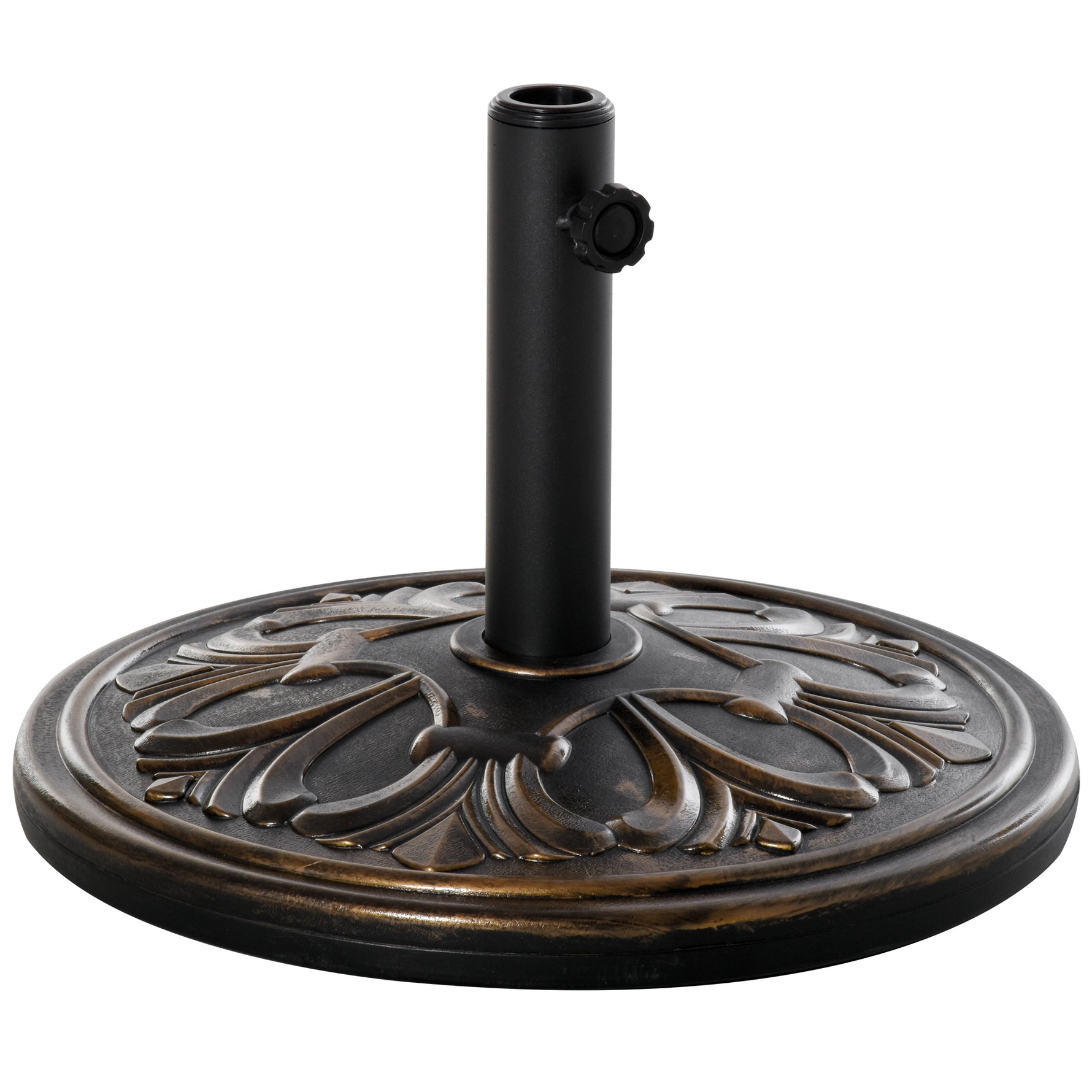 Pied de parasol rond base de lestage Ø 48 x 34H cm ciment HDPE motif fleurs de lys poids net 13 Kg noir doré
