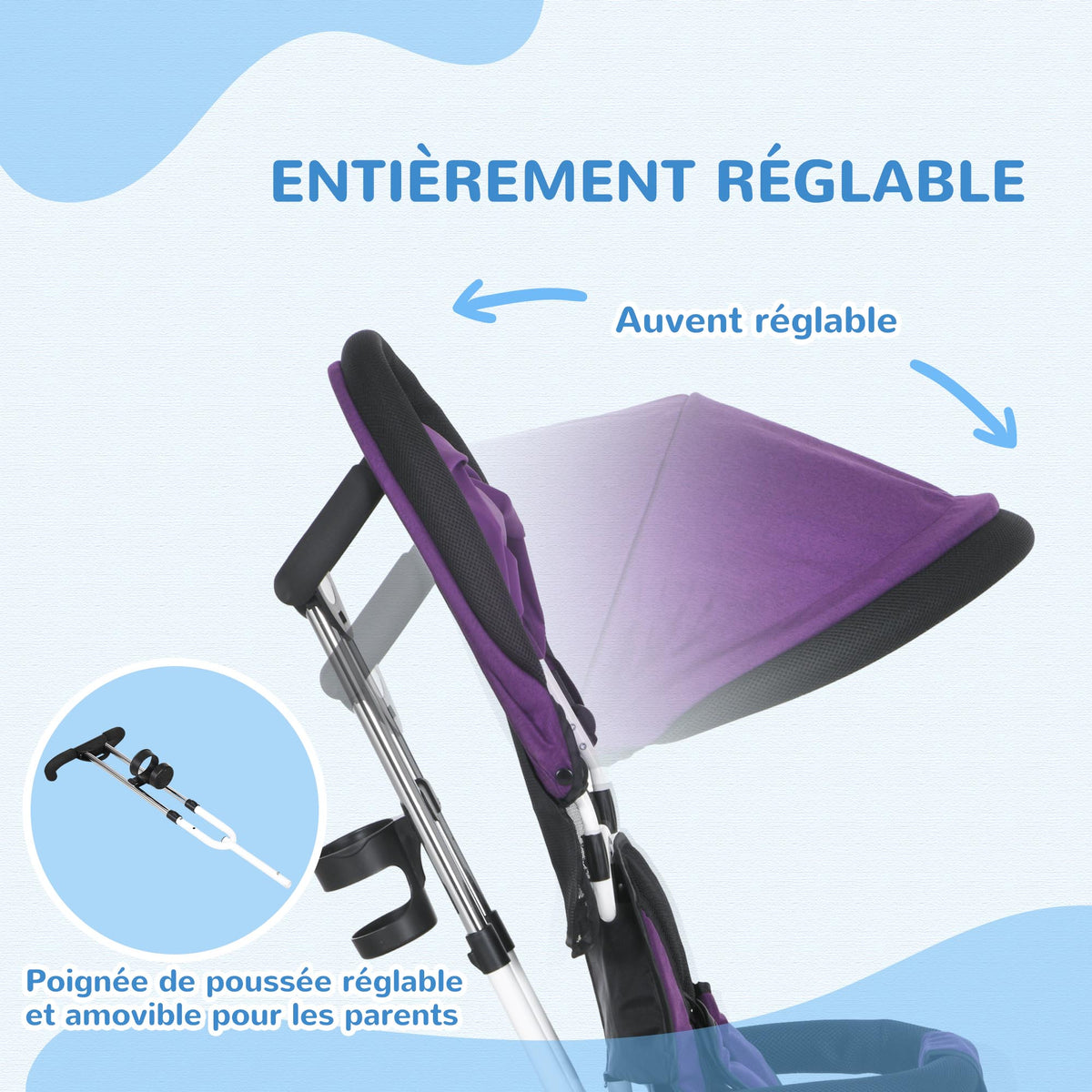 Tricycle enfant évolutif pare-soleil pliable canne télescopique amovible 95 x 50 x 106 cm acier violet blanc