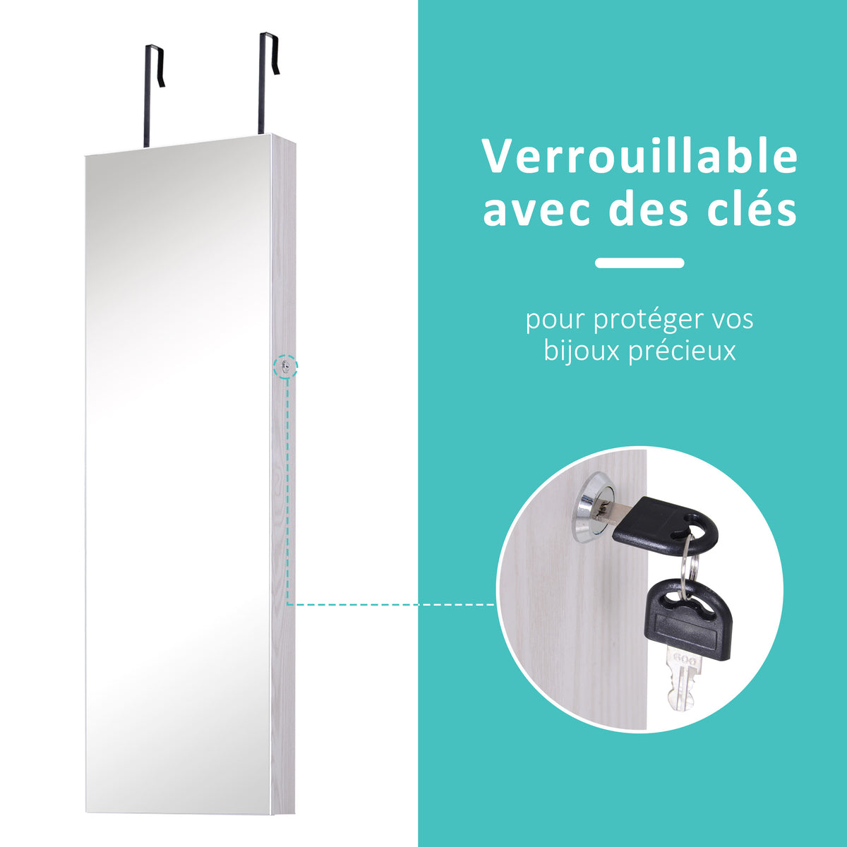 Armoire à bijoux suspendue au mur ou à la porte avec miroir, LED, 5 étagères, 2 tiroirs, 37x10x120cm, effet bois grisé