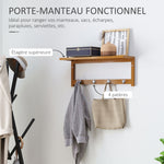Porte-manteau mural penderie murale étagère 50L x 16l x 17,5H cm 4 patères kit fixation fourni bambou naturel