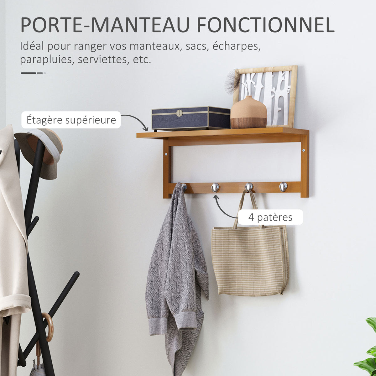 Porte-manteau mural penderie murale étagère 50L x 16l x 17,5H cm 4 patères kit fixation fourni bambou naturel