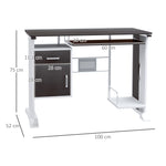 Bureau d'ordinateur, 100 x 52 x 75 cm, bureau avec tablette coulissante pour clavier, tiroirs et support d'unité centrale, table informatique pour étudier noyer foncé et blanc