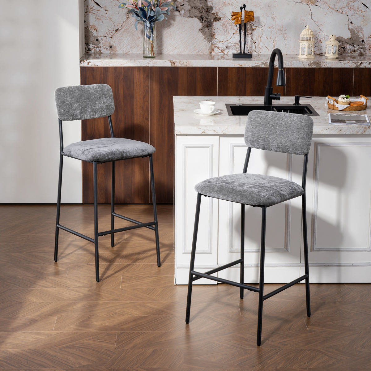 Lot de 2 tabourets de bar en tissu chenille, chaises de bar rembourrées, assise large, dossier haut, 45,5x48x101cm, gris