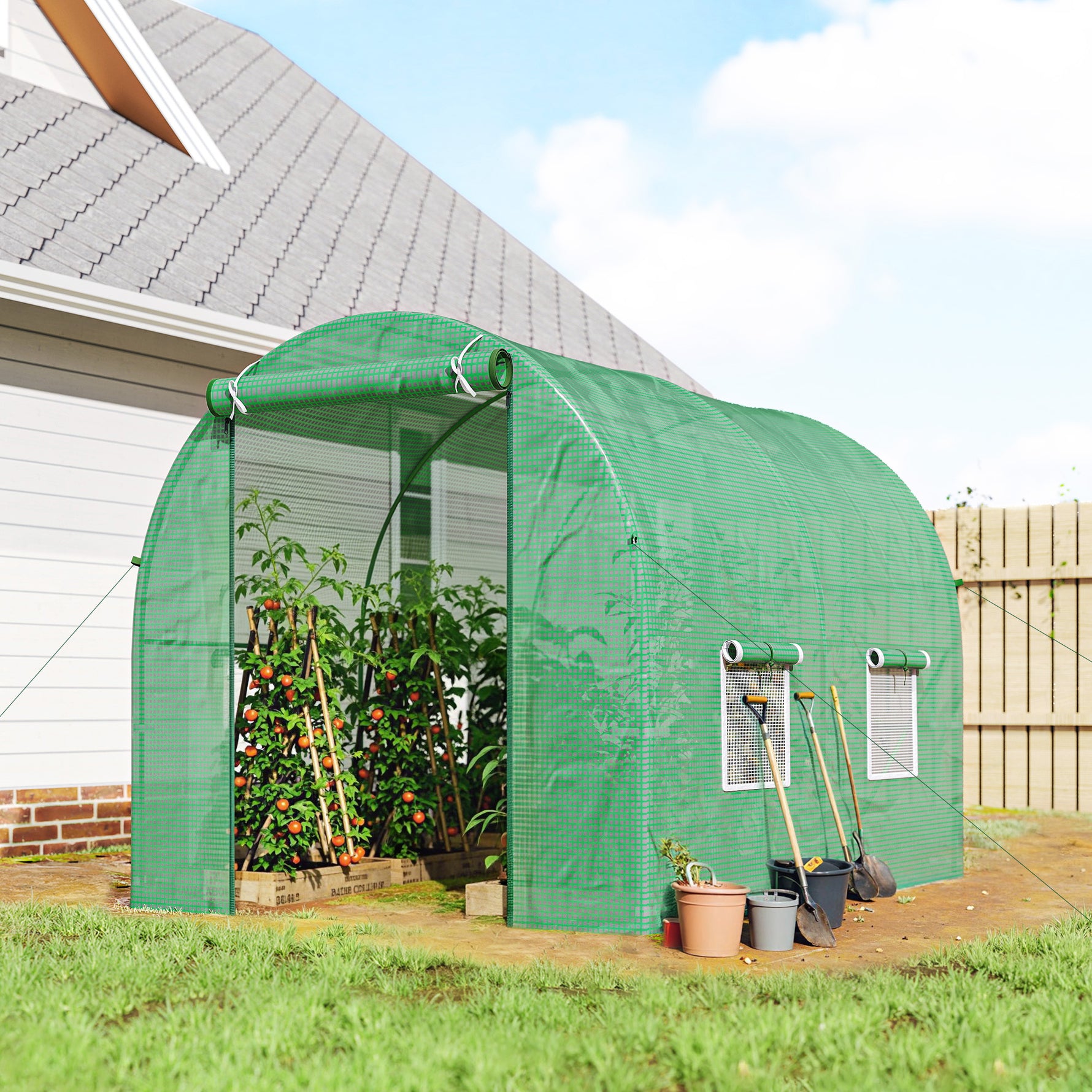 Serre de Jardin Tunnel 5 m² 2,5L x 2l x 2H m Acier renforcé Ø 1,8 cm + PE Haute densité 140 g/m² fenêtres Vert