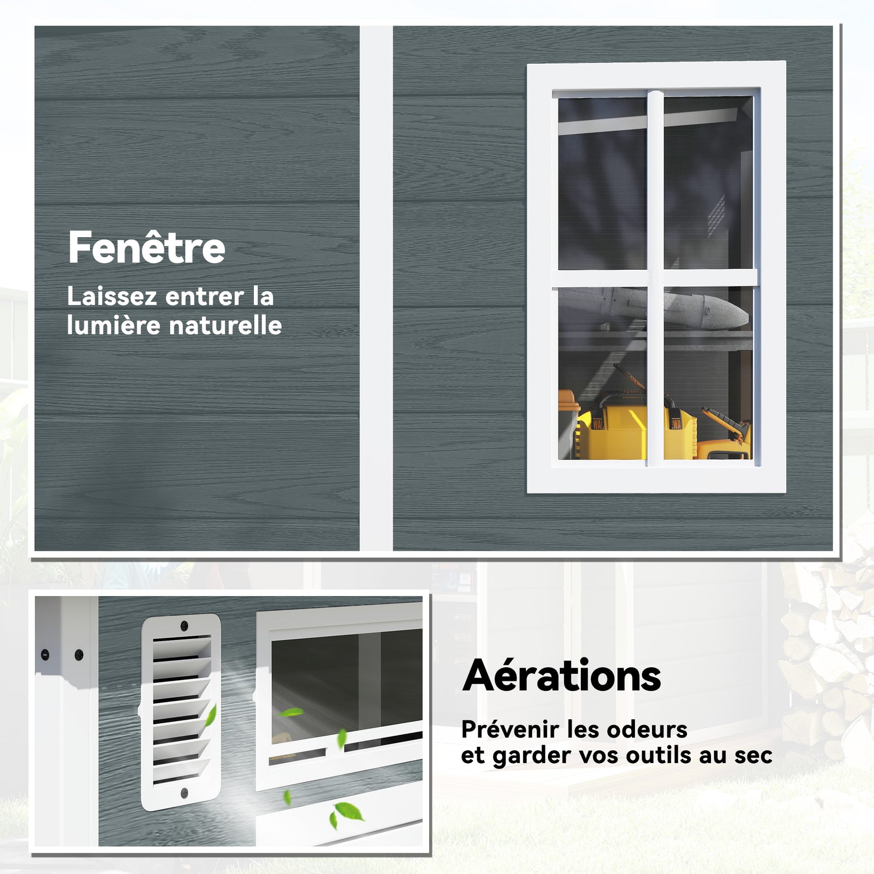 Abri de Jardin en Résine Cabanon de Rangement Double Porte 3 Fenêtres et 2 Aérations Anti-UV avec Plancher 3,3 m² Gris