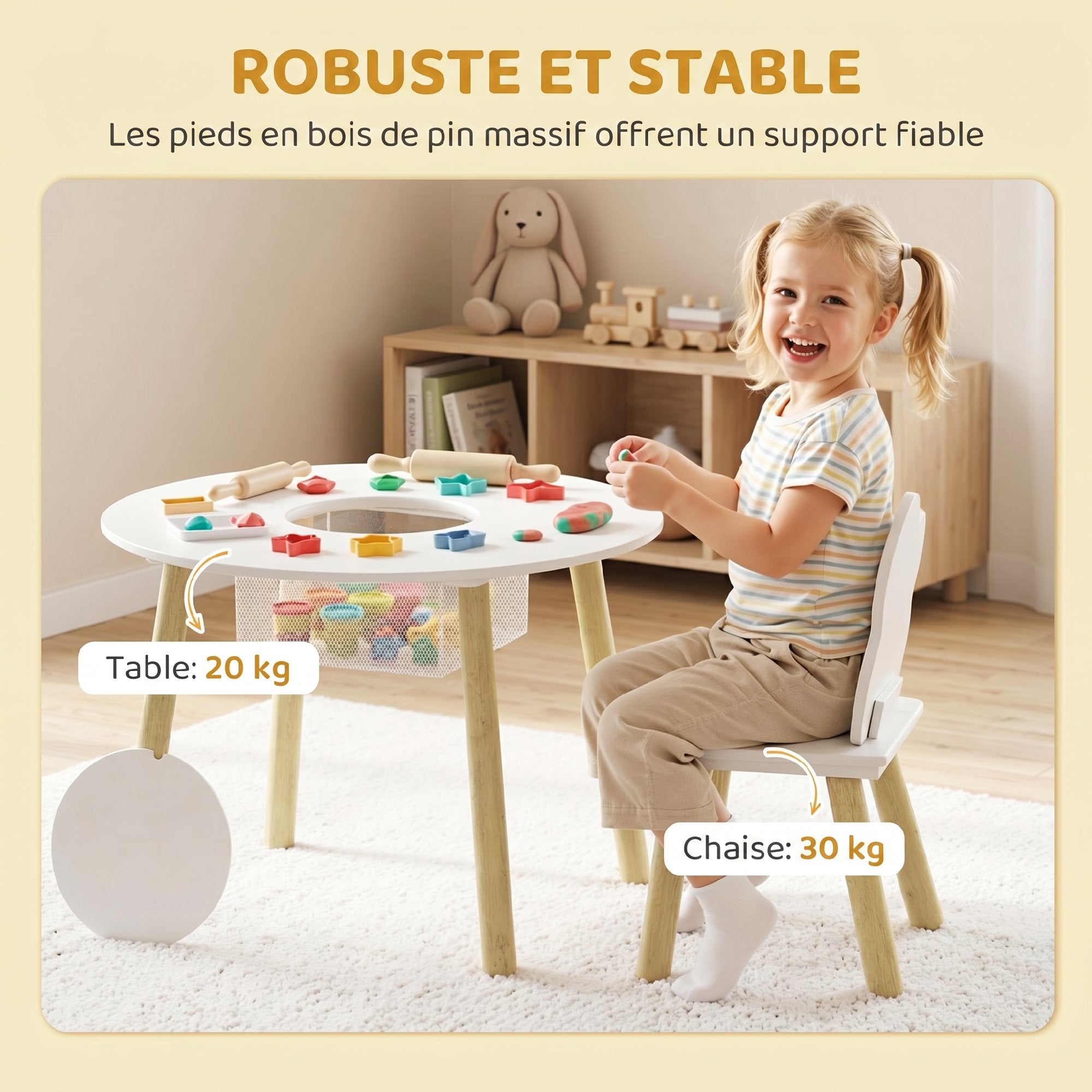 Table enfant avec chaise, ensemble table et 2 chaises en bois avec sac de rangement pour dessiner, jouer, étudier, blanc