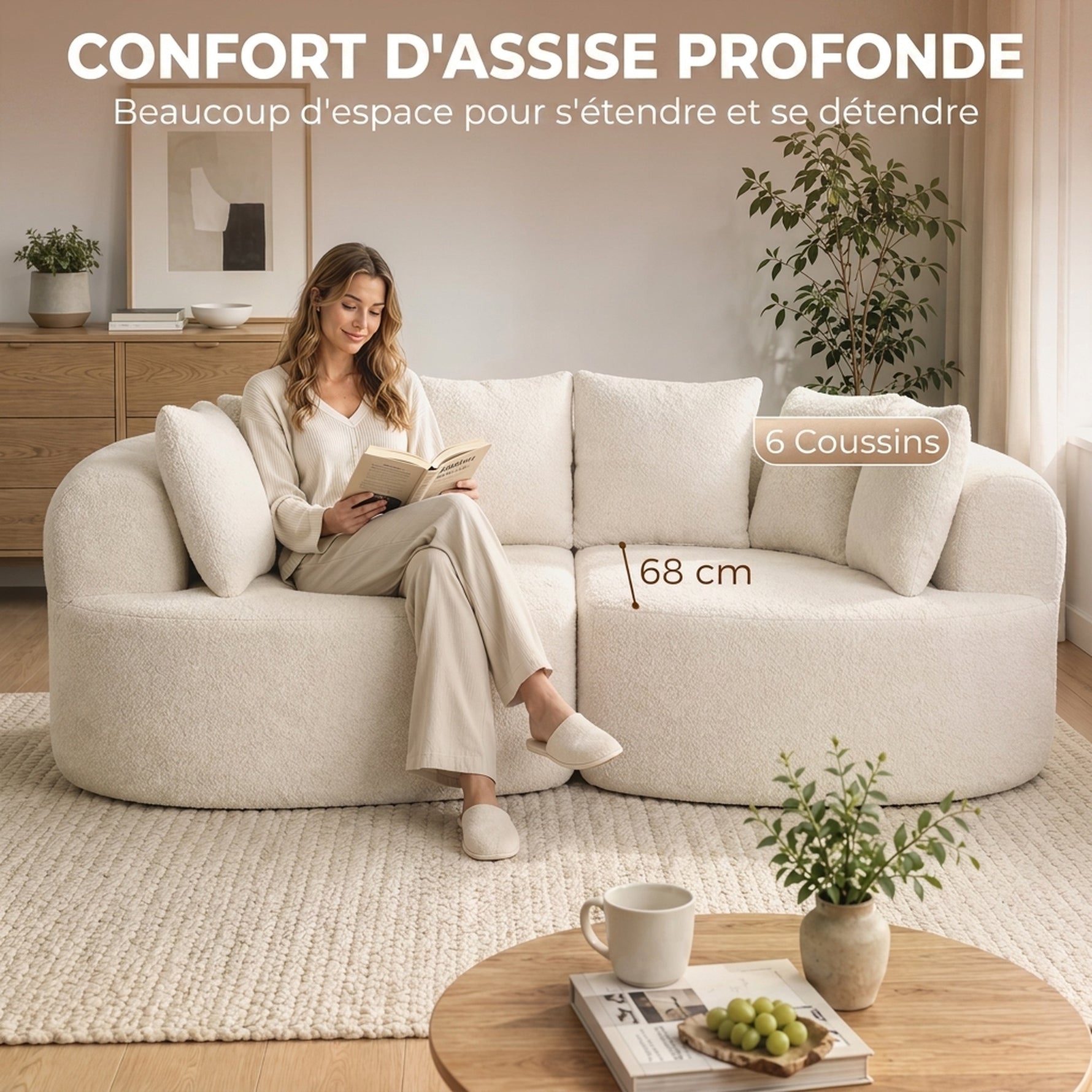 Canapé 3 Places Incurvé en Chenille 188 cm, Canapé Salon avec Assise Profonde, 6 Coussins, Rembourrage Épais, Crème