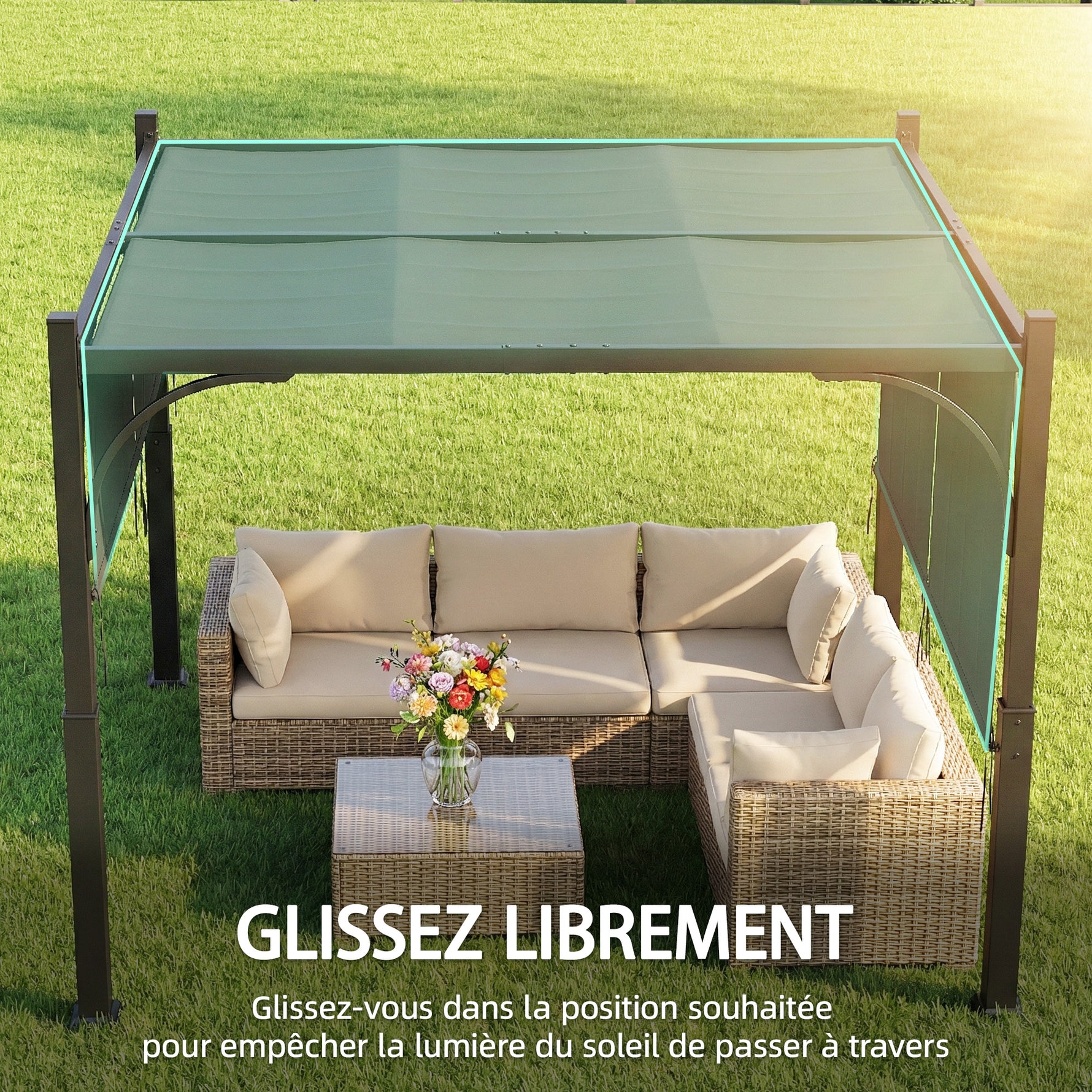 Pergola de jardin 3 x 3 m tonnelle de jardin avec Auvent coulissant, structure métallique, pour extérieur, Gris Foncé