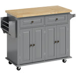 Isola Centrale da Cucina con Piano in Legno di Hevea, Carrello da Cucina su Ruote con 2 Cassetti, 111 x 44,5 x 82,5 cm, Grigio