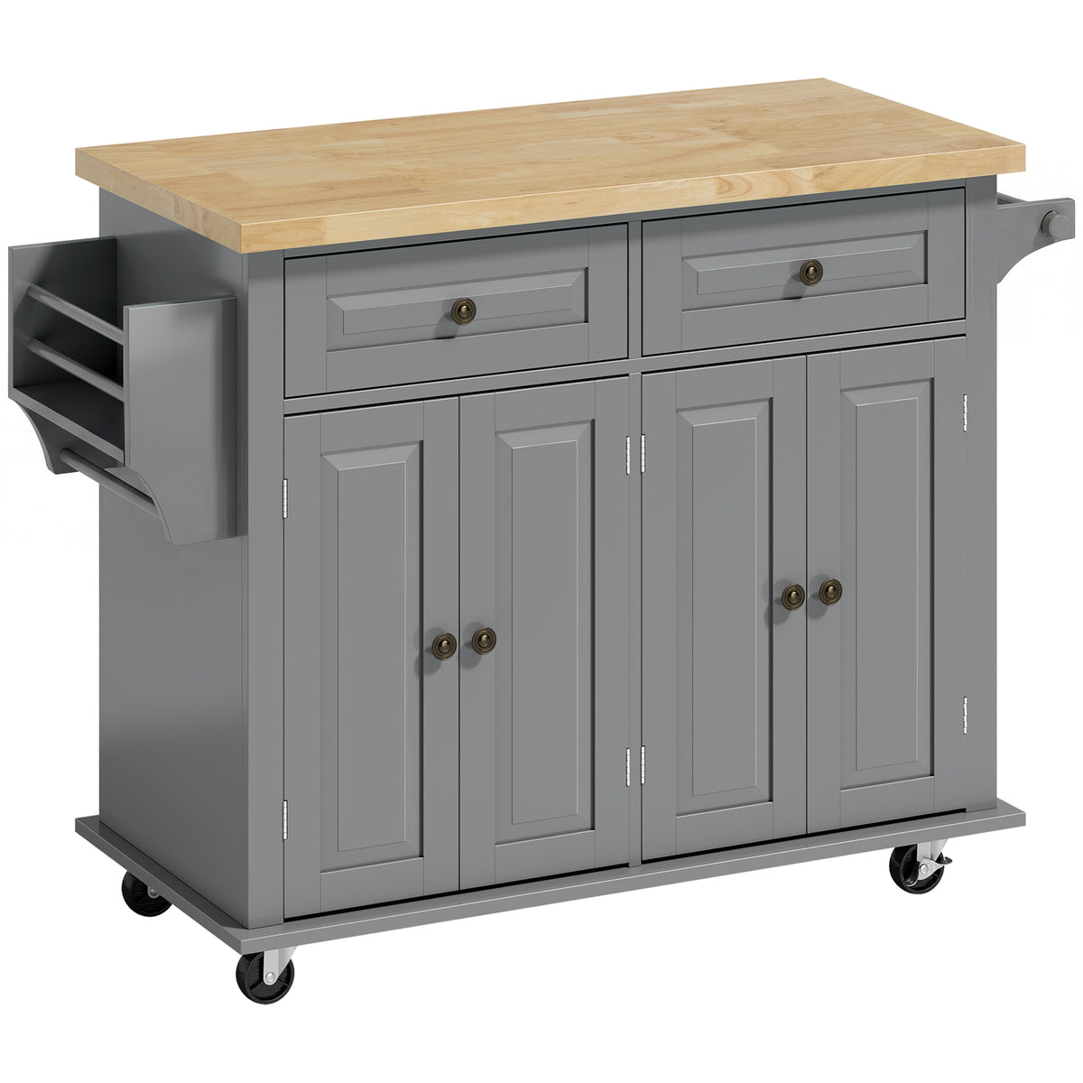 Isola Centrale da Cucina con Piano in Legno di Hevea, Carrello da Cucina su Ruote con 2 Cassetti, 111 x 44,5 x 82,5 cm, Grigio
