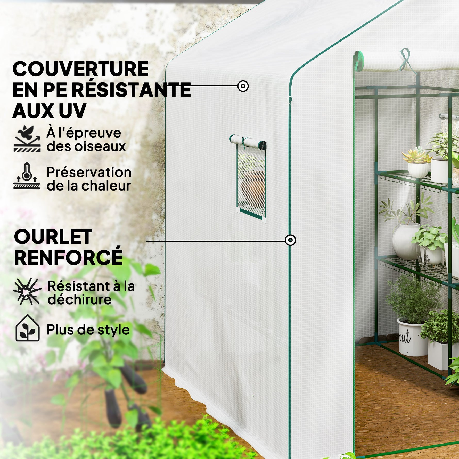 Serre de jardin avec 1 porte 2 fenêtres étagères 3 niveaux pour Légumes Plantes Fleurs Bâche PE 140 x 143 x 190 cm blanc