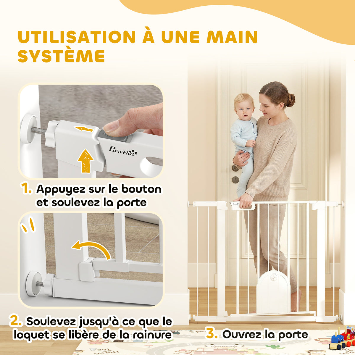 Barrière de sécurité animaux avec porte fermeture automatique système de double verrouillage, acier blanc