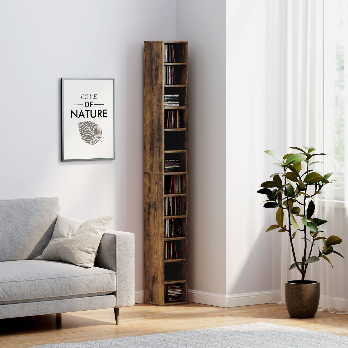 Rangements pour CD et DVD avec 12 compartiments, capacité max. 204 CD, 21 x 20 x 175 cm, brun rustique