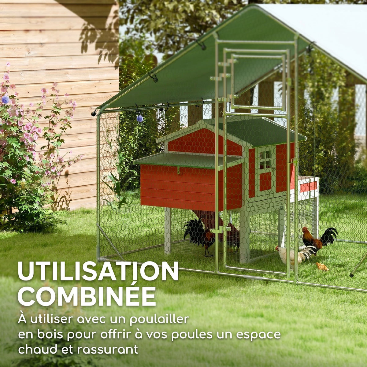 Enclos poulailler extérieur parc grillagé 6 m² avec perchoir et mangeoire acier galvanisé Ø25mm 300x200x195cm argent