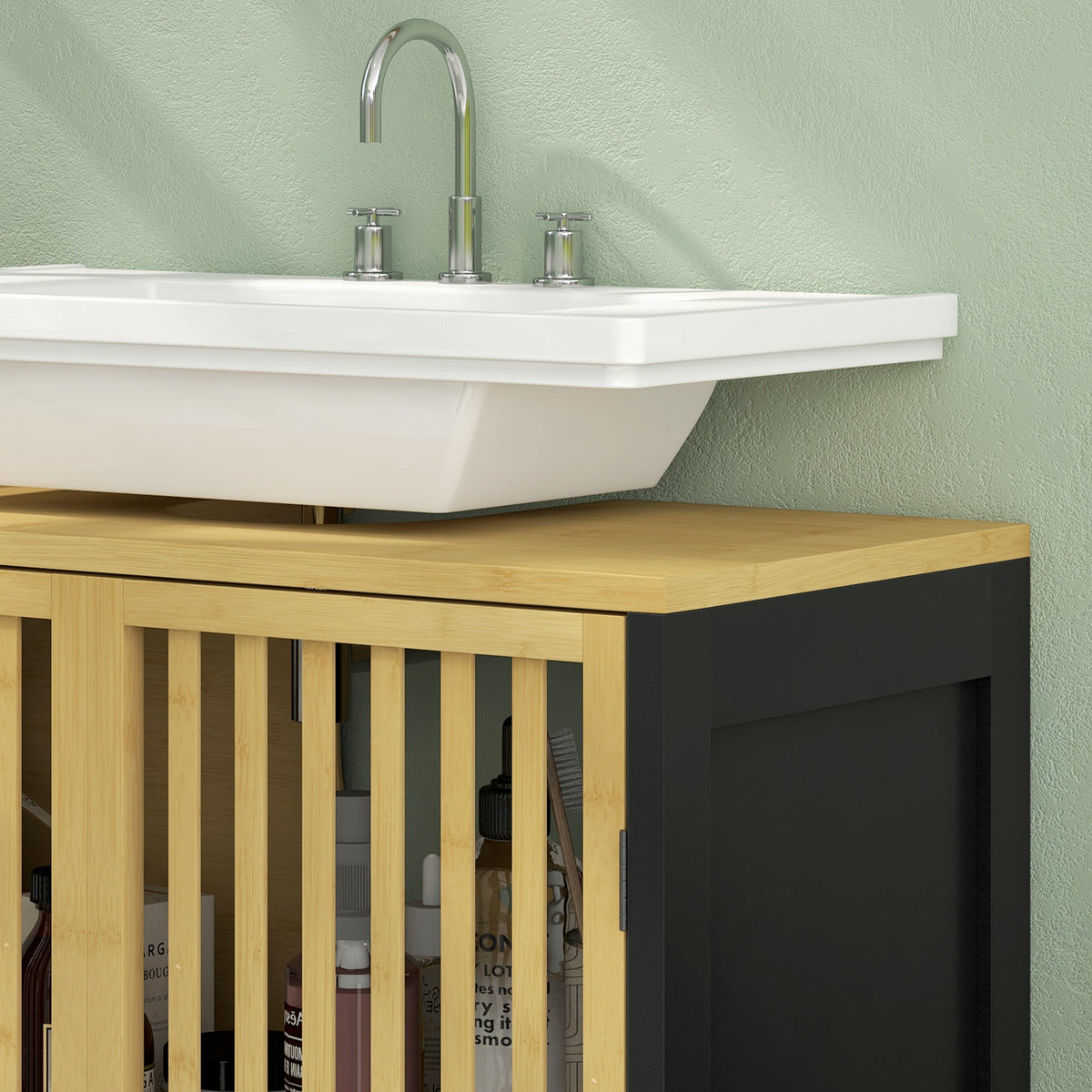 Mueble bajo lavabo de 2 puertas con estante ajustable, armario de almacenamiento para lavabo, 60 x 30 x 70 cm, MDF y bambú