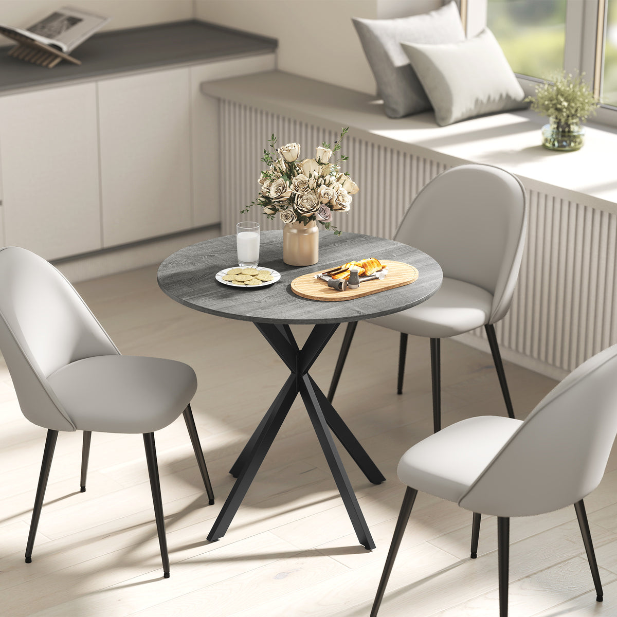 Table à Manger Ronde pour 2 Personnes avec Plateau Aspect Bois et Piètement Croisé en Acier, Gris