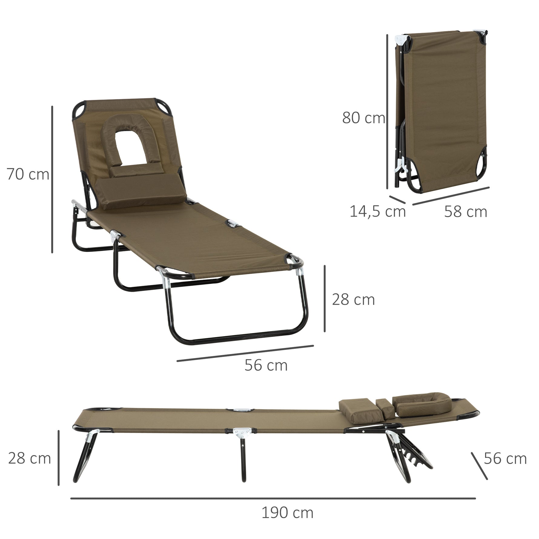 Transat de Jardin Chaise Longue Pliante Bain de Soleil avec Appuie-tête, Trou de lecture et Dossier Inclinable, Marron