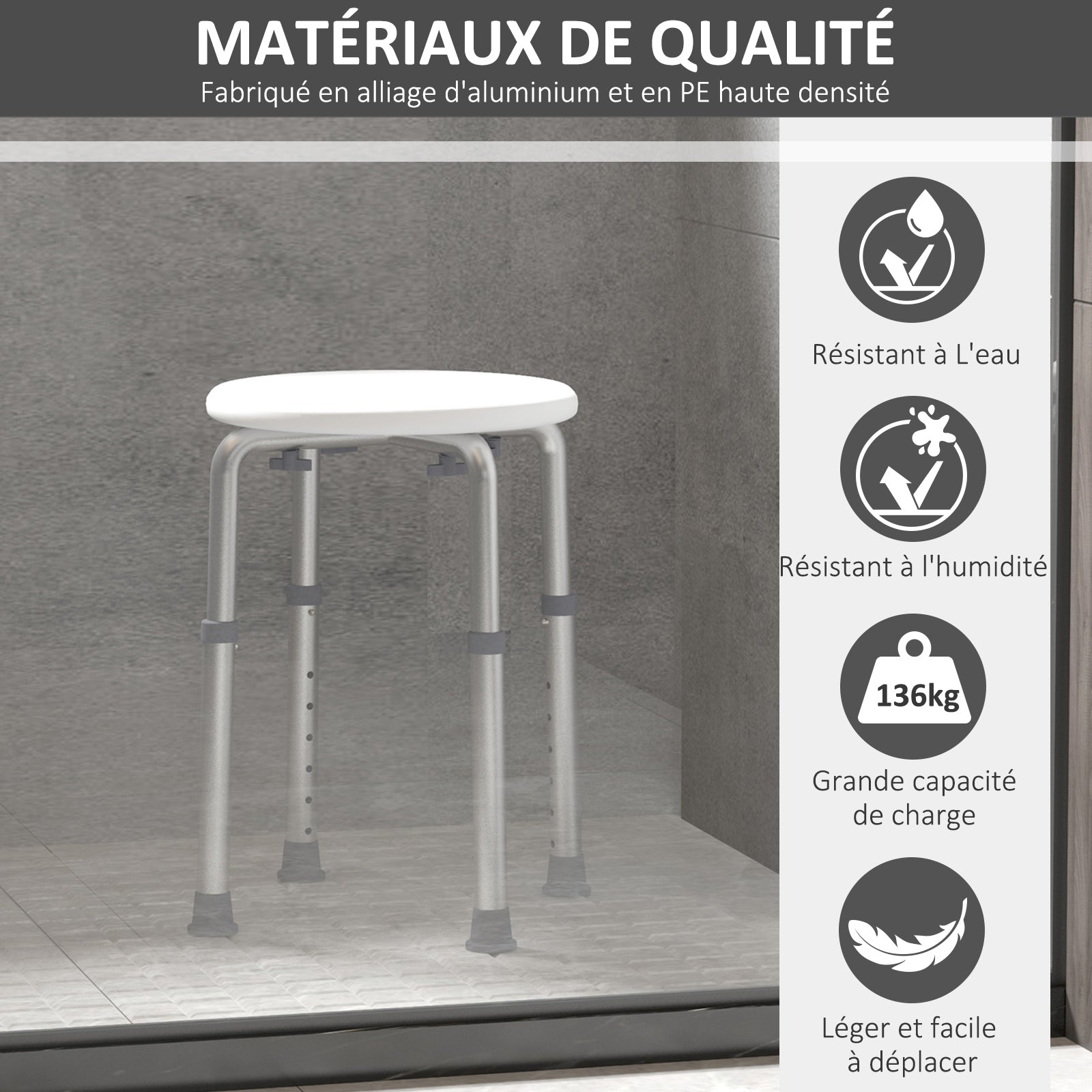 Taburete de ducha regulable en altura, asiento de ducha ergonómico, patas antideslizantes, carga máx. 136 kg, aluminio HDPE, blanco