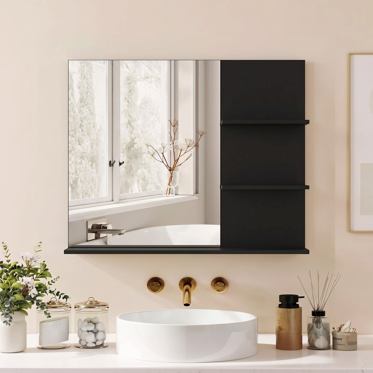 Badezimmerspiegel mit 3 Ablagen 60 x 48 cm, Moderner Wandspiegel für Schlafzimmer, Büro, Schwarz