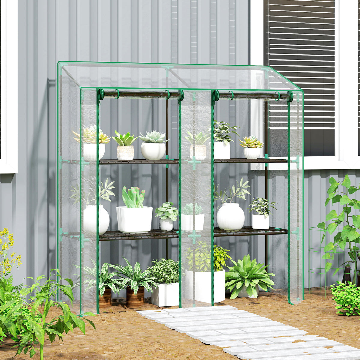 Mini serre de jardin 3 niveaux avec bâche en plastique, 2 portes enroulables, 6 étagères, dim. 143L x 46l x 141/151H cm