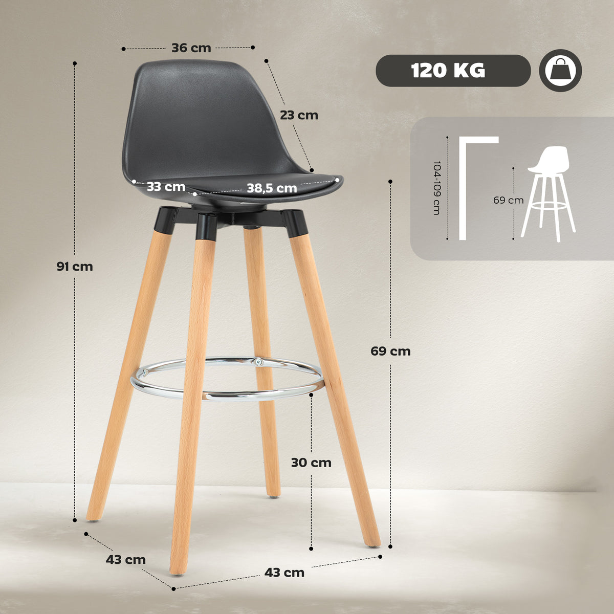 Lot de 2 tabourets de bar, chaises de bar avec dossier et repose-pieds, assise rembourrée, 43 x 43 x 91 cm, noir