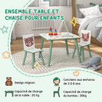 Table et 2 chaises pour enfants 3-8 ans ensemble 3 pièces motif animaux pour chambre à coucher salle de jeux vert