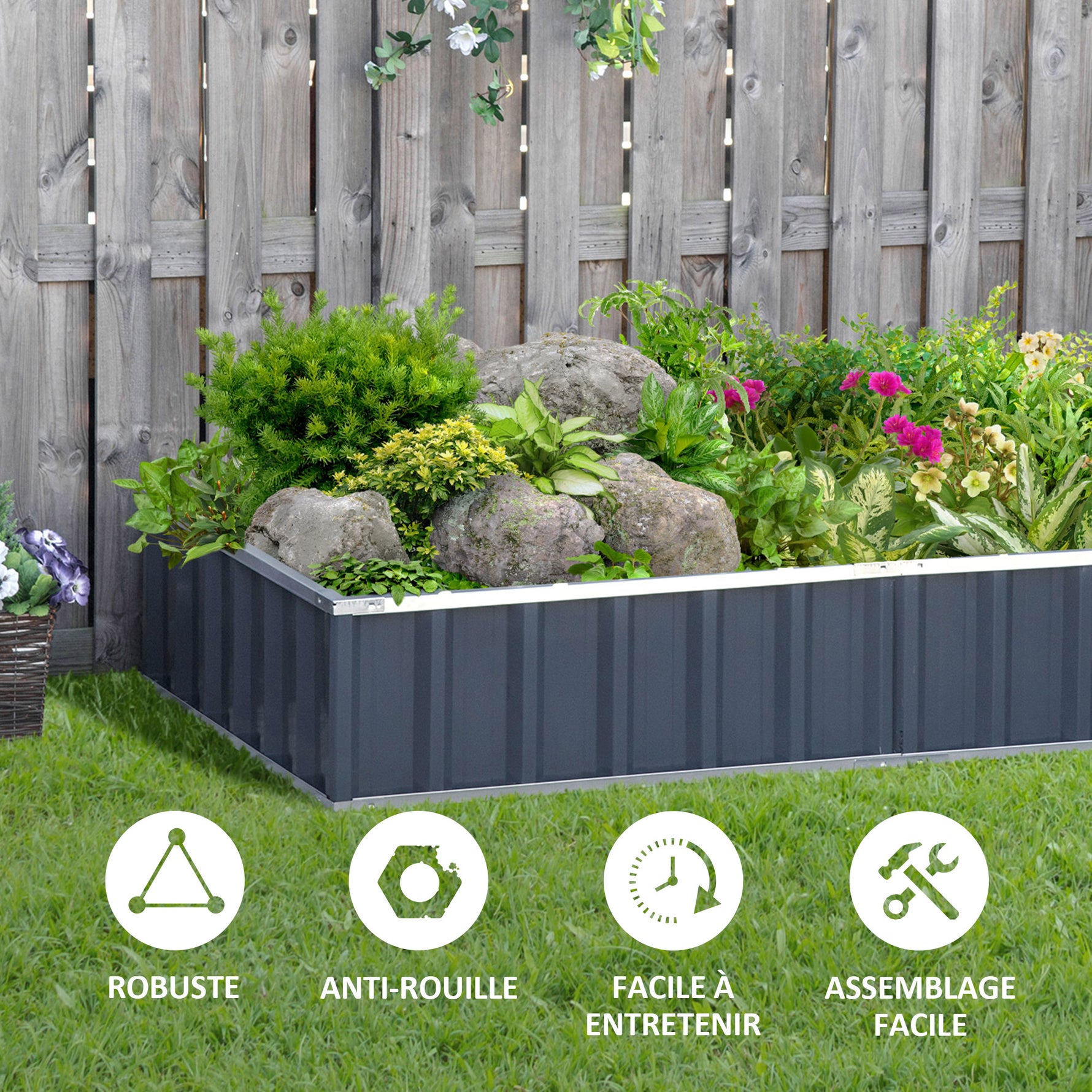 Carré Potager de Jardin 174 x 90 x 30 cm - modulable, Montage sans Outils, Gants fournis - tôle d'acier ondulée Anthracite