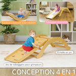 4 en 1 Arche escalade enfants, chaise à bascule, rampe d'escalade double face et coussin, 168x49,5x39,5cm, bois naturel