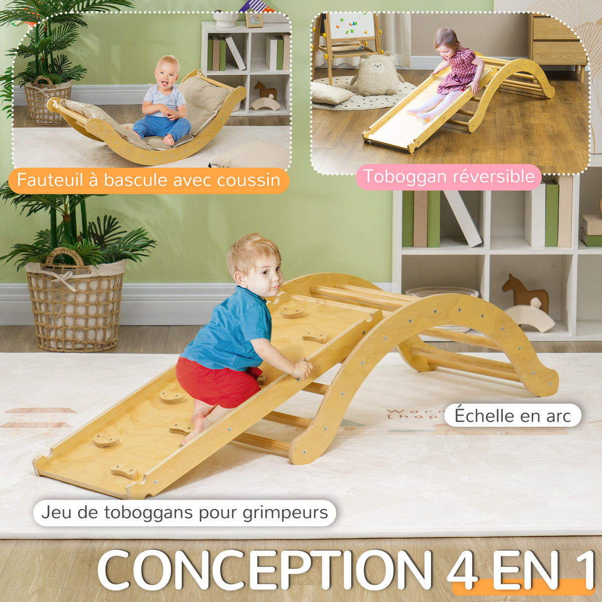4 en 1 Arche escalade enfants, chaise à bascule, rampe d'escalade double face et coussin, 168x49,5x39,5cm, bois naturel