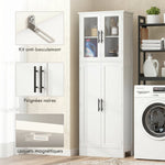 Meuble de salle de bain haut 6 niveaux, meuble de rangement avec 4 portes dont 2 vitrées et étagères réglables, blanc