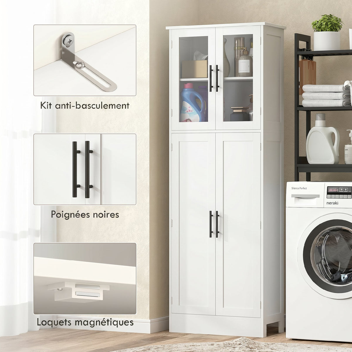 Meuble de salle de bain haut 6 niveaux, meuble de rangement avec 4 portes dont 2 vitrées et étagères réglables, blanc