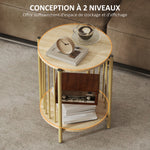 Table d'appoint, bout de canapé à 2 niveaux avec étagère de rangement et cadre en acier, Ø 41 x 49 cm effet bois naturel
