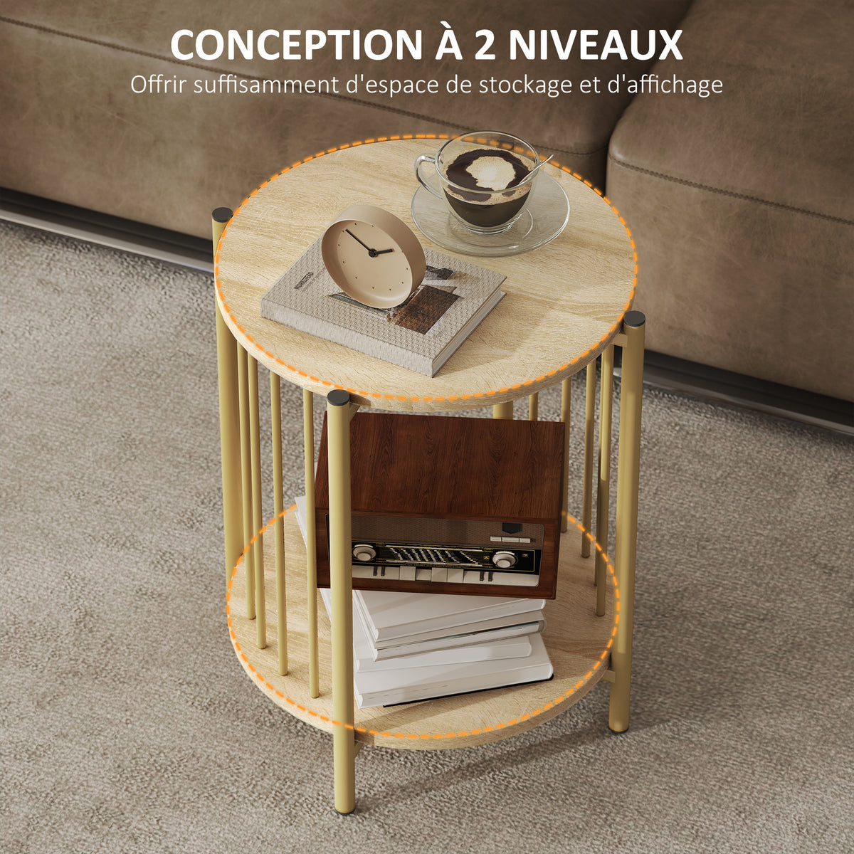 Table d'appoint, bout de canapé à 2 niveaux avec étagère de rangement et cadre en acier, Ø 41 x 49 cm effet bois naturel