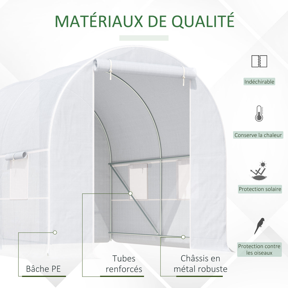 Serre de Jardin Tunnel Surface Sol 5 m² 2,5L x 2l x 2H m châssis Tubulaire renforcé 18 mm 4 fenêtres Blanc