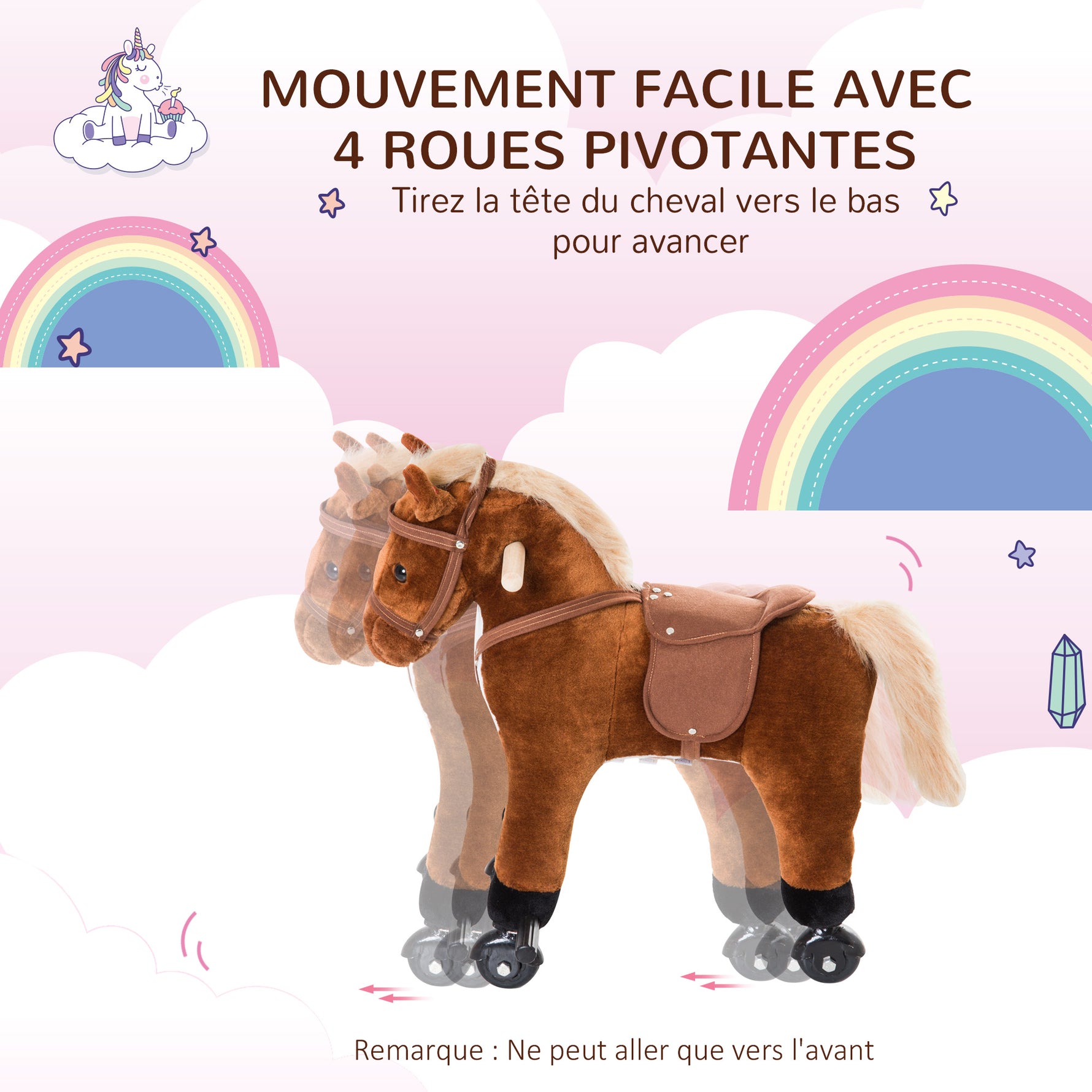 Jouet cheval pour enfant de +24 mois avec 4 roulettes, effet sonore, repose-pieds et guidon, 55x23x60 cm Marron