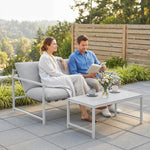 Conjunto de Jardín de Exterior de 2 Piezas, Sofá con Cojines, Mesa de Centro de Vidrio Templado con Efecto Mármol 3D, 125x80x64cm, Gris Claro
