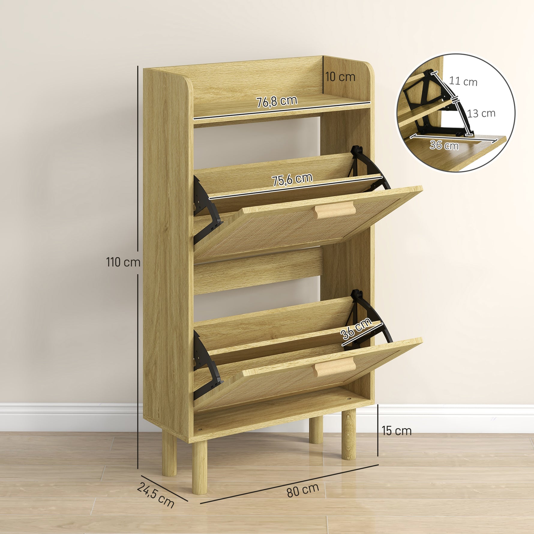 Meuble à chaussures 2 portes abattants étagère effet rotin tissé design bohème - dim. 80L x 24,5l x 110H cm