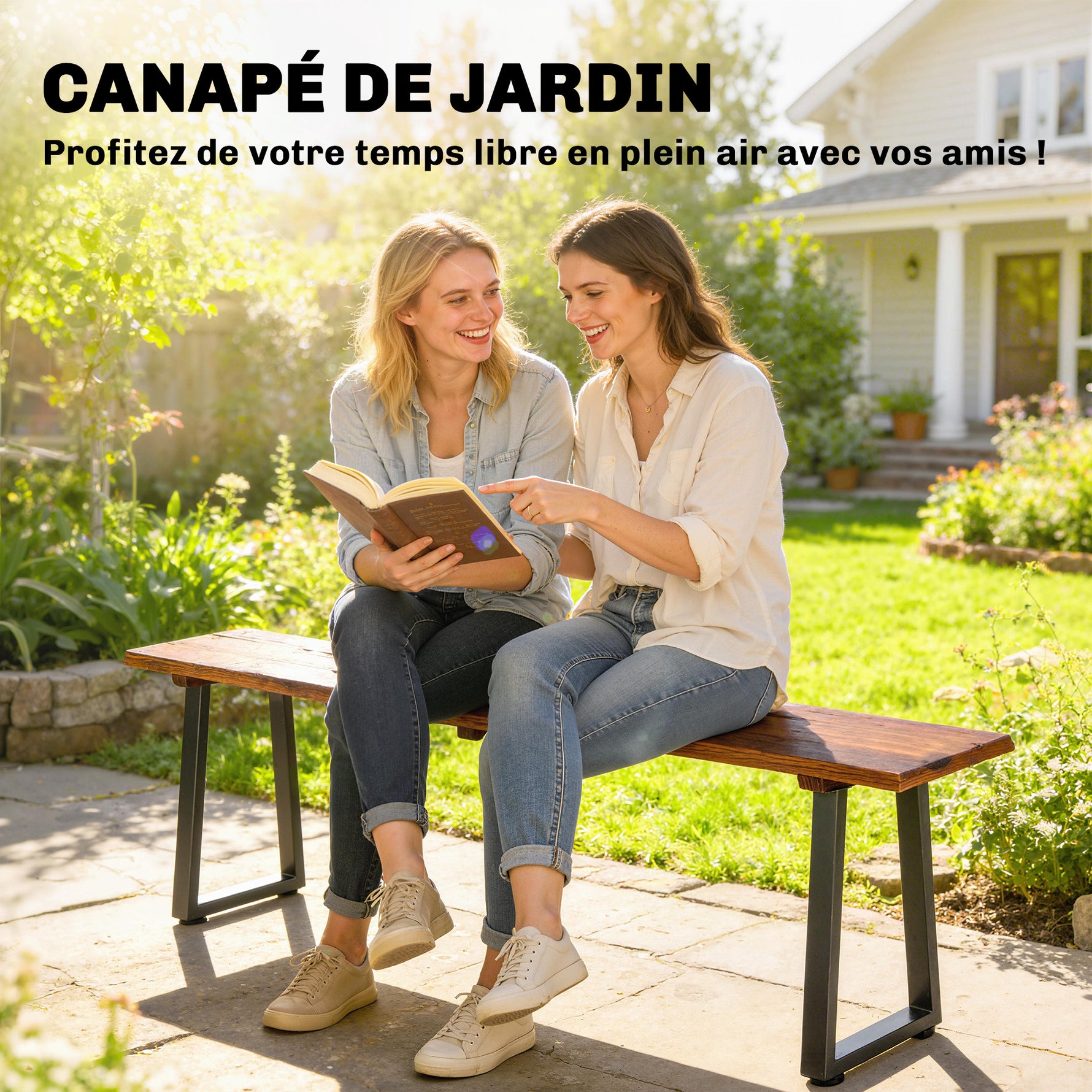Banc de Jardin en Bois Sans Dossier en Bois, Pieds trapézoïdaux en acier, 2 Places à Effet Bois, 150x28x48cm, Carbonisé