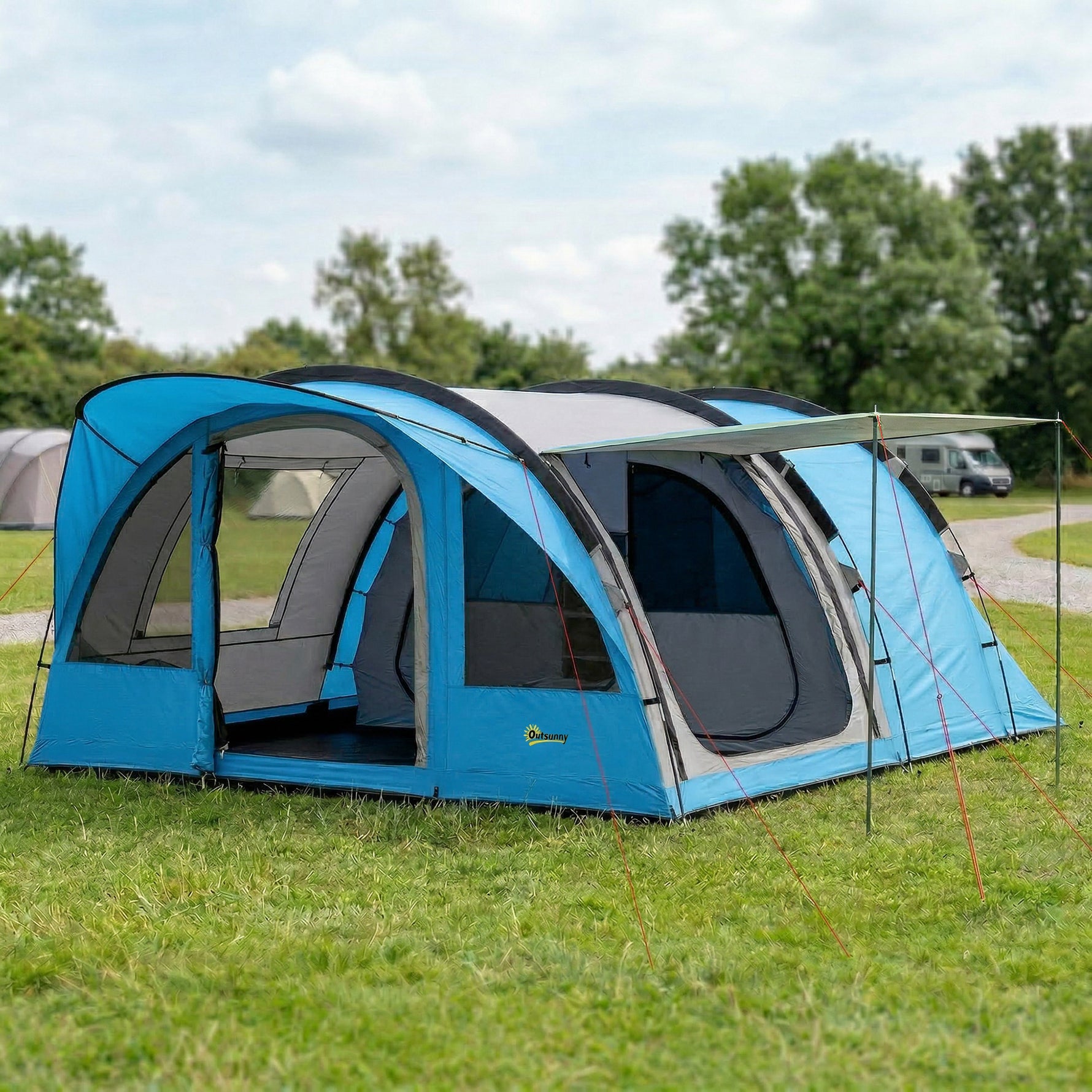 Grande Tente Tunnel Camping 4 Personnes 3-4 Saisons Hauteur d'Homme 2 m Séjour XL 3,7 m Imperméable 3000mm Bleu