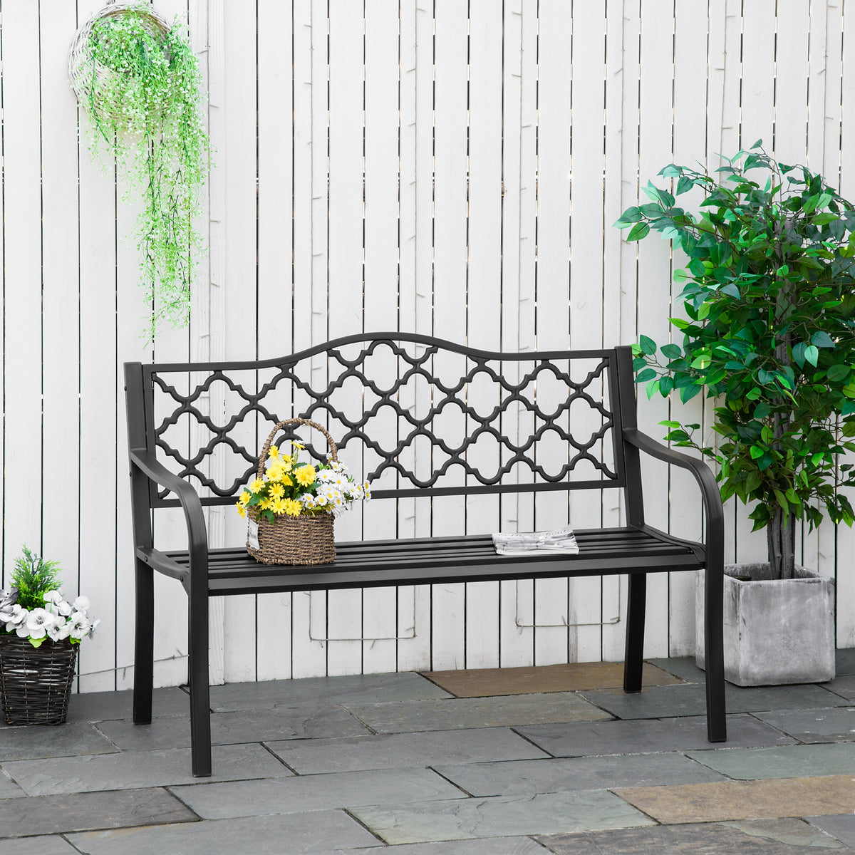 Banc 3 Places de Jardin terrasse Style Rural Chic 128L x 60l x 89H cm métal époxy anticorrosion Fonte Brun