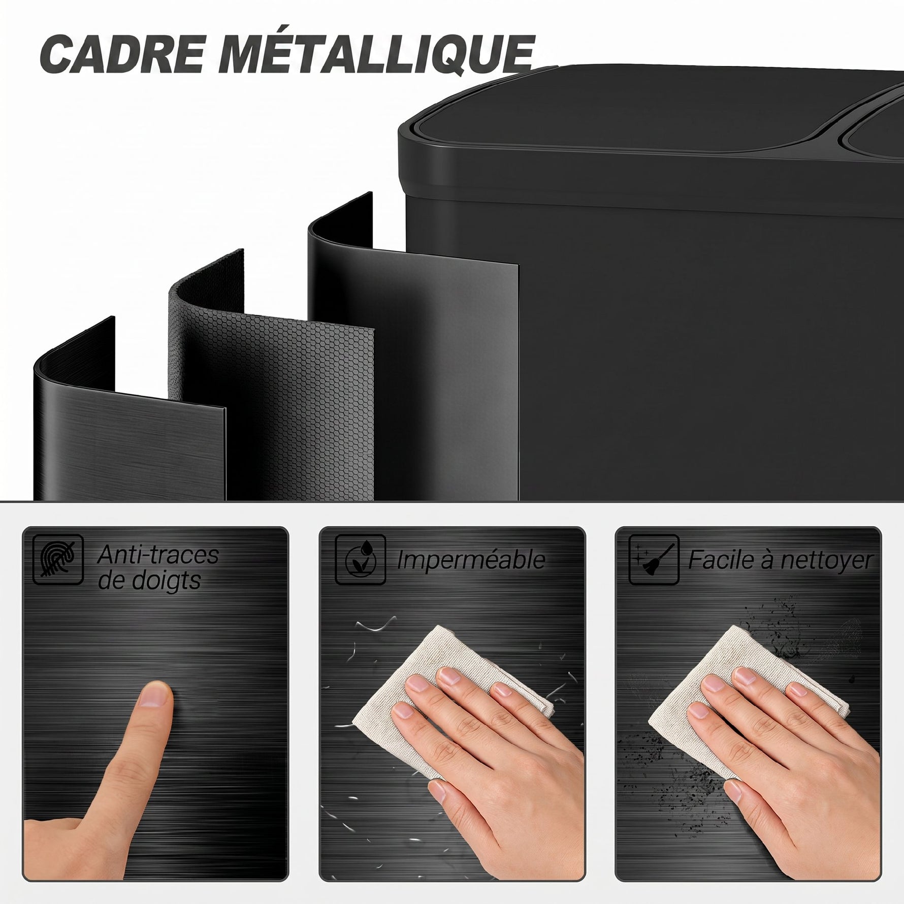 Poubelle de cuisine à double compartiment 2 x 30L avec pédale en acier inoxydable, couvercle à fermeture douce, noir